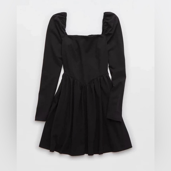 Aerie Knit NWT Fit & Flare Stretchy Black Mini Dress Womens Sz L Dress Pockets - Picture 4 of 15